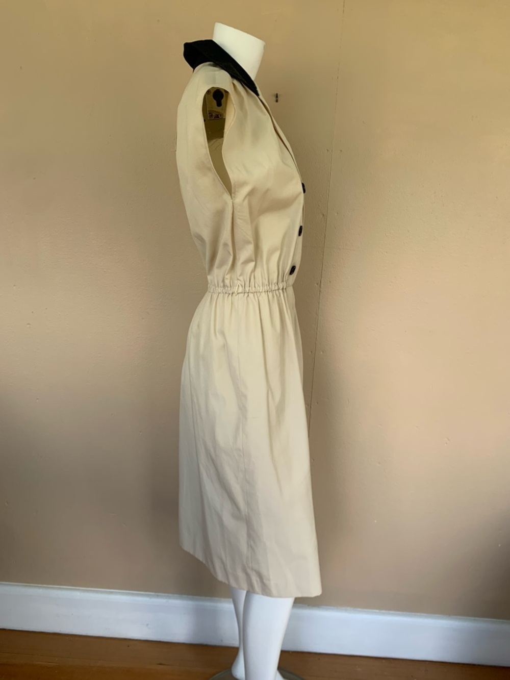 Vintage Cap Sleeve Military Dress | 80s Double Buttoned A-Line Midi Dress - Picture 7 of 9